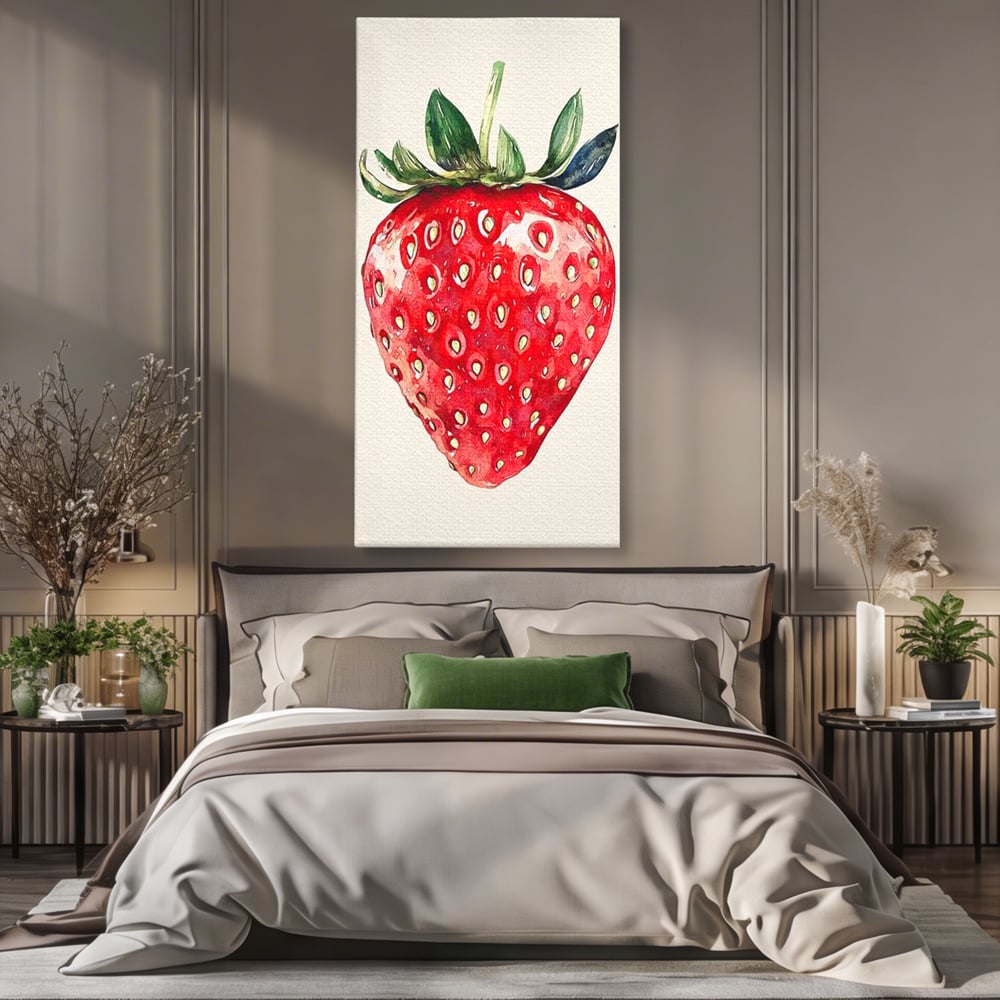 Tablou canvas cu pictura cu o capsuna rosie, fara rama, pe sasiu de lemn, pe perete intr-un dormitor